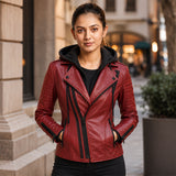 Women’s Red Hooded Leather Biker Jacket | Quilted Moto Jacket