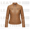 Women’s Tan Leather Jacket – Front Zip Moto Style