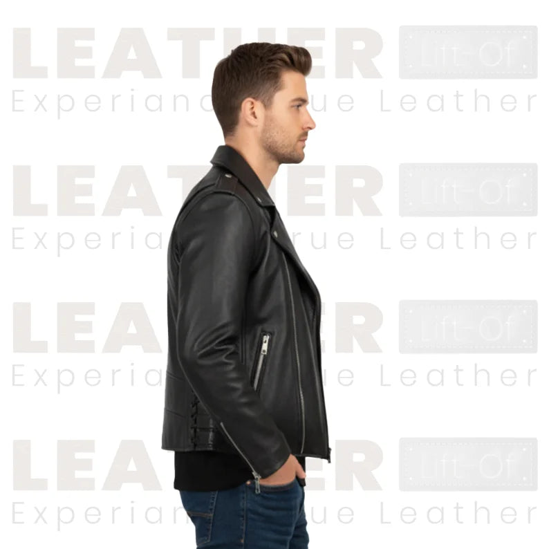 Schwarze Premium Biker-Lederjacke mit seitlicher Schnürung