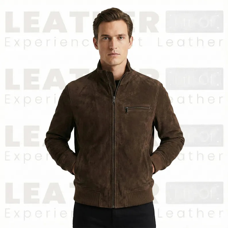 Le blouson aviateur en daim « Lester » – Cuir de chèvre haut de gamme marron terre