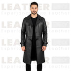 Huntsman Black Hooded Leather Trench Coat for Men