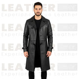 Men’s Black Hooded Leather Trench Coat – Long Gothic Style Leather Coat