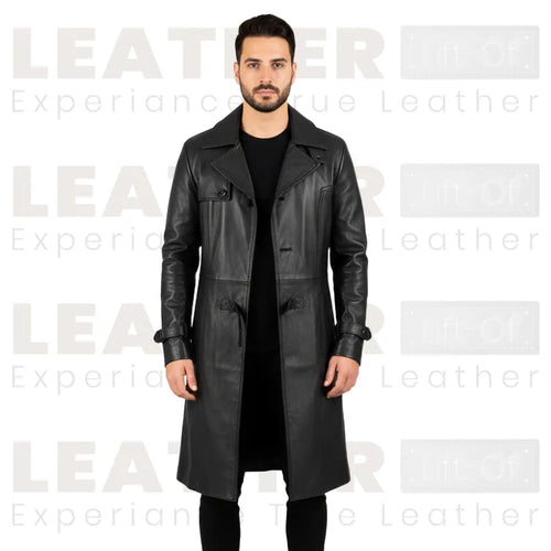 Huntsman Black Hooded Leather Trench Coat for Men