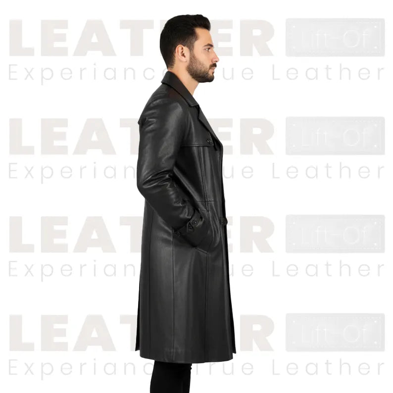 Herren Schwarzer Kapuzenleder Trenchcoat – Langer Gothic Style Ledermantel