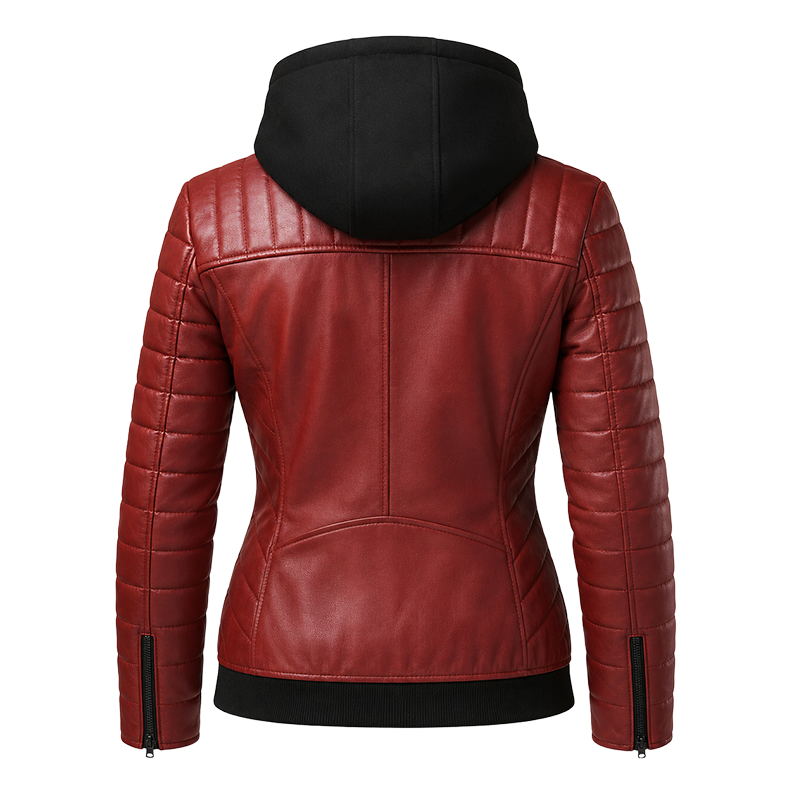 Women’s Red Hooded Leather Biker Jacket | Quilted Moto Jacket