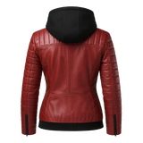 Women’s Red Hooded Leather Biker Jacket | Quilted Moto Jacket