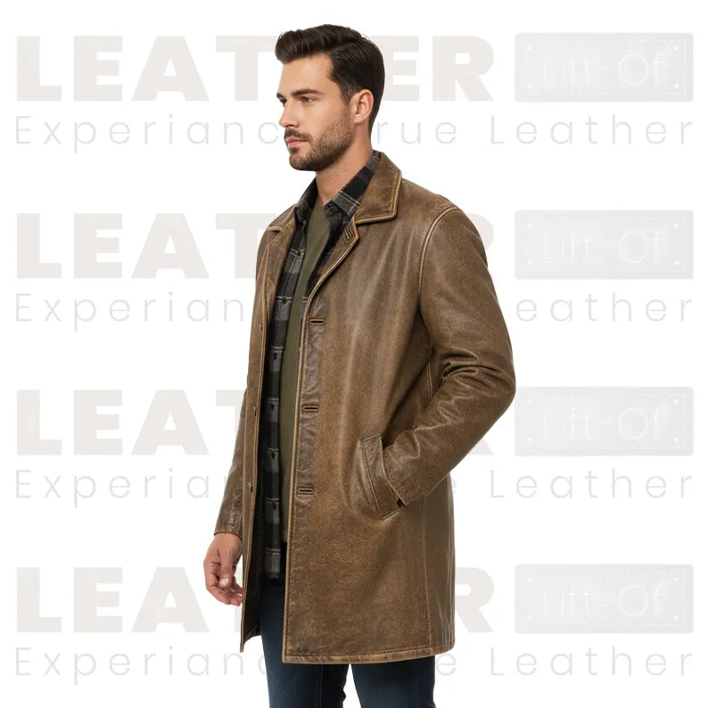 LP-FACON Trench-coat vintage mi-long en cuir véritable pour homme – Manteau de voiture classique 34"