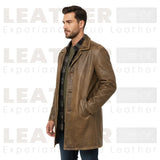 LP-FACON Trench-coat vintage mi-long en cuir véritable pour homme – Manteau de voiture classique 34"