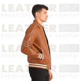 Blouson aviateur en cuir tanné pour homme – Blouson en cuir véritable style rétro universitaire
