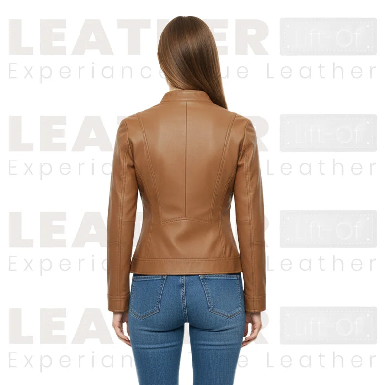 Veste en cuir marron clair pour femme – Style motard à fermeture éclair avant