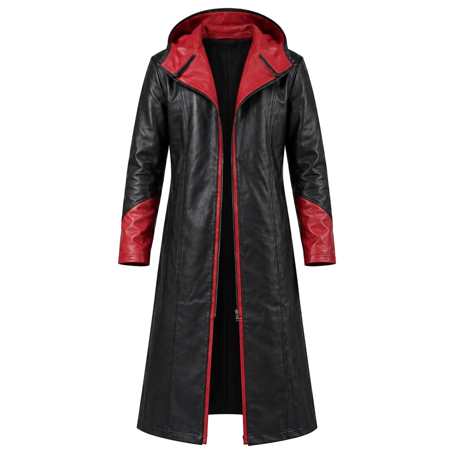 Men's Black and Red Hooded Leather Trench Coat – Long Gothic Fantasy Coat with Red Lapels, Red-Lined Hood and Red Cuffs, Cosplay Costume