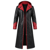 Men's Black and Red Hooded Leather Trench Coat – Long Gothic Fantasy Coat with Red Lapels, Red-Lined Hood and Red Cuffs, Cosplay Costume