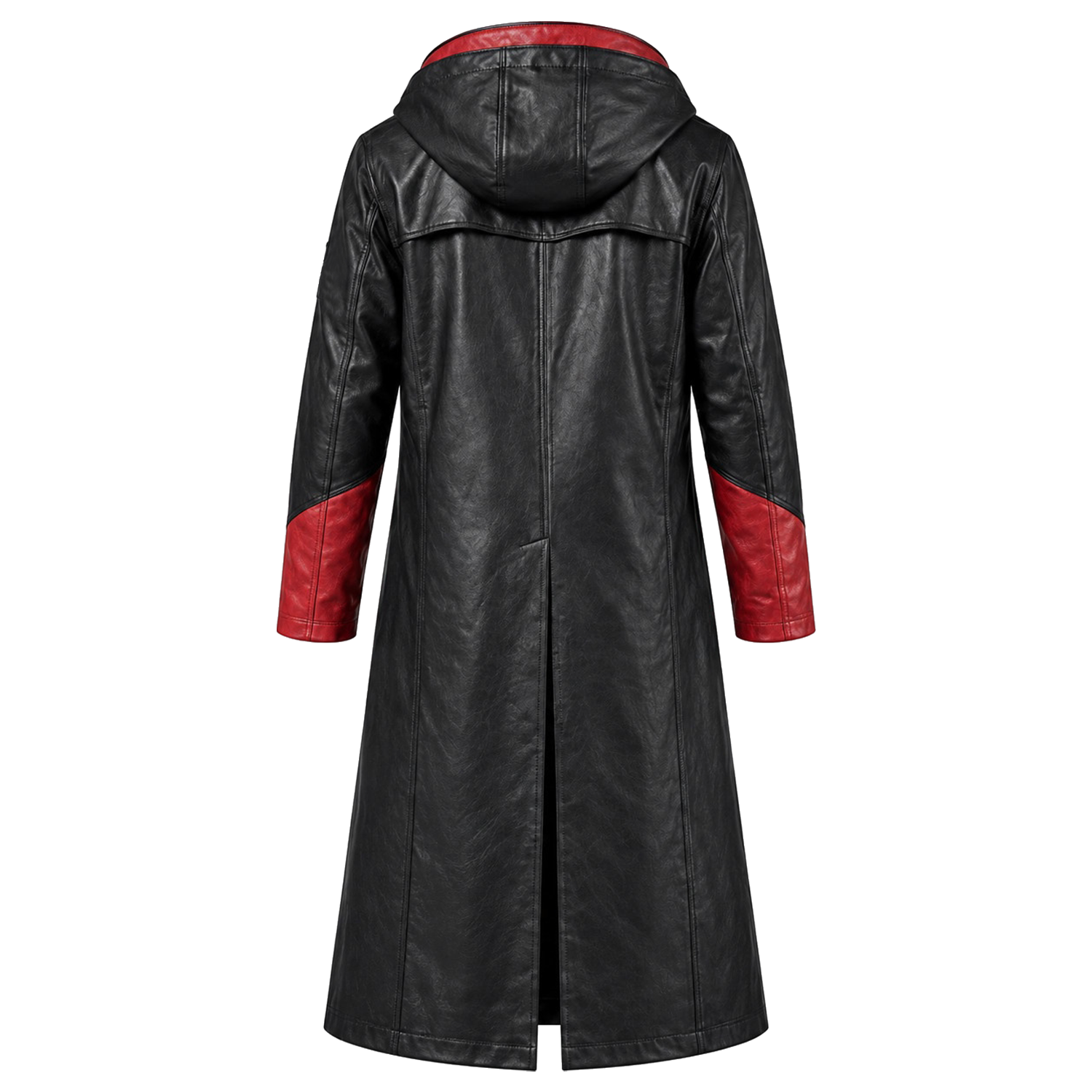 Men's Black and Red Hooded Leather Trench Coat – Long Gothic Fantasy Coat with Red Lapels, Red-Lined Hood and Red Cuffs, Cosplay Costume