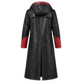 Men's Black and Red Hooded Leather Trench Coat – Long Gothic Fantasy Coat with Red Lapels, Red-Lined Hood and Red Cuffs, Cosplay Costume