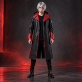 Men's Black and Red Hooded Leather Trench Coat – Long Gothic Fantasy Coat with Red Lapels, Red-Lined Hood and Red Cuffs, Cosplay Costume