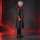 Men's Black and Red Hooded Leather Trench Coat – Long Gothic Fantasy Coat with Red Lapels, Red-Lined Hood and Red Cuffs, Cosplay Costume