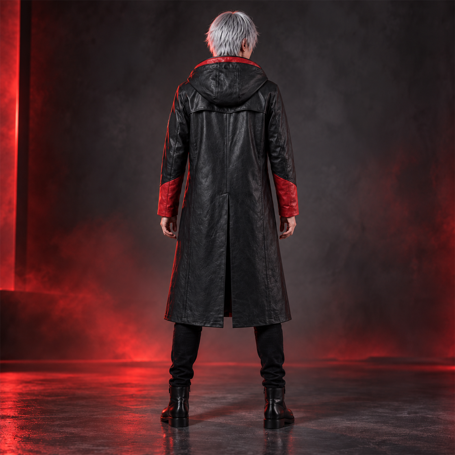 Men's Black and Red Hooded Leather Trench Coat – Long Gothic Fantasy Coat with Red Lapels, Red-Lined Hood and Red Cuffs, Cosplay Costume