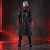 Men's Black and Red Hooded Leather Trench Coat – Long Gothic Fantasy Coat with Red Lapels, Red-Lined Hood and Red Cuffs, Cosplay Costume
