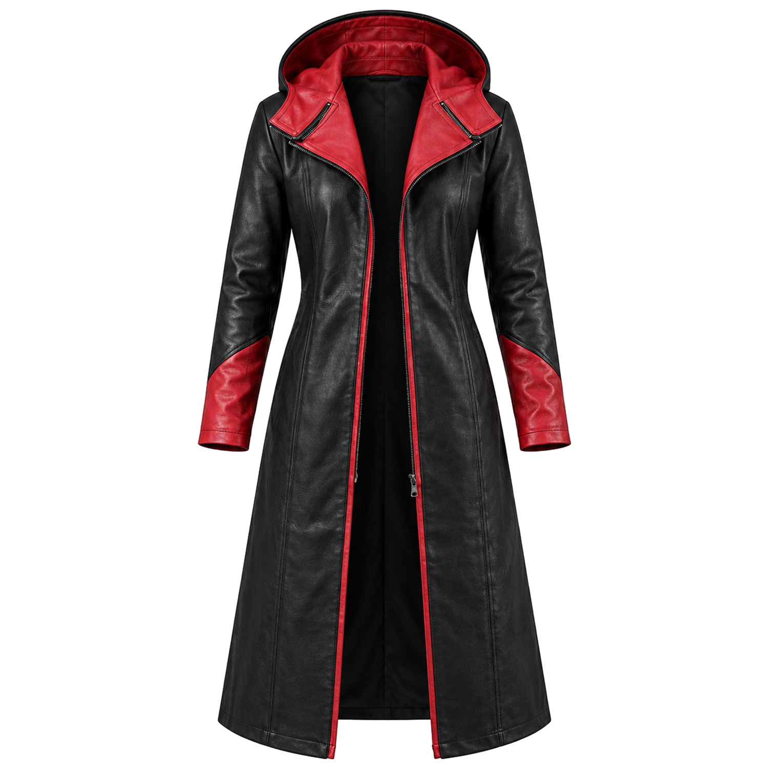 Women's Black and Red Hooded Leather Trench Coat – Long Gothic Fantasy Coat with Red Lapels, Red-Lined Hood and Red Cuffs, Cosplay Costume
