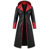 Women's Black and Red Hooded Leather Trench Coat – Long Gothic Fantasy Coat with Red Lapels, Red-Lined Hood and Red Cuffs, Cosplay Costume