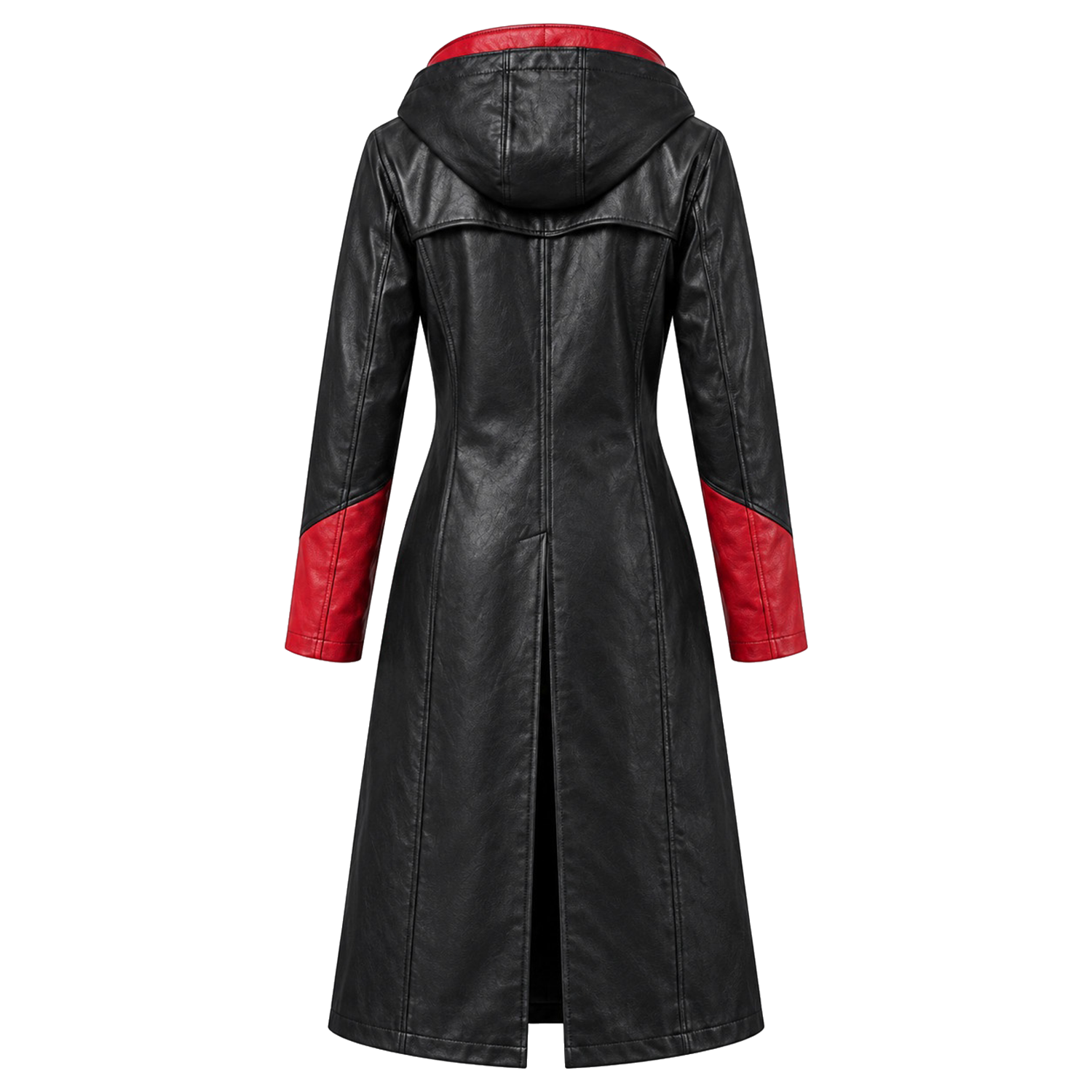 Women's Black and Red Hooded Leather Trench Coat – Long Gothic Fantasy Coat with Red Lapels, Red-Lined Hood and Red Cuffs, Cosplay Costume