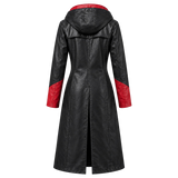 Women's Black and Red Hooded Leather Trench Coat – Long Gothic Fantasy Coat with Red Lapels, Red-Lined Hood and Red Cuffs, Cosplay Costume