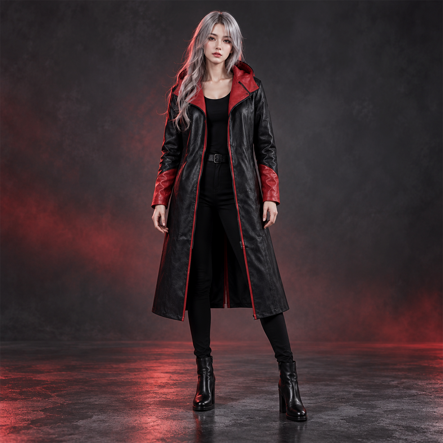 Women's Black and Red Hooded Leather Trench Coat – Long Gothic Fantasy Coat with Red Lapels, Red-Lined Hood and Red Cuffs, Cosplay Costume