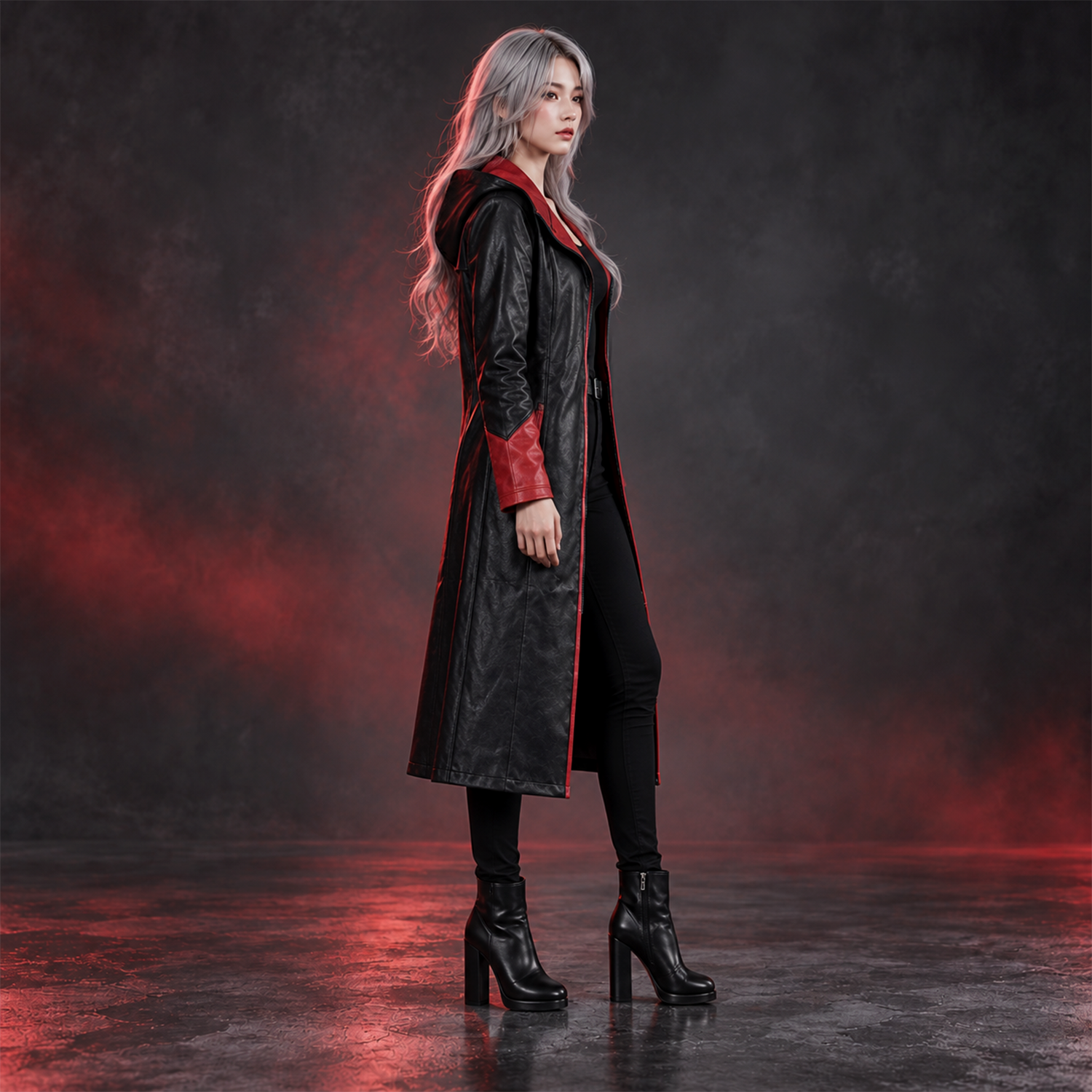 Women's Black and Red Hooded Leather Trench Coat – Long Gothic Fantasy Coat with Red Lapels, Red-Lined Hood and Red Cuffs, Cosplay Costume