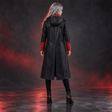 Women's Black and Red Hooded Leather Trench Coat – Long Gothic Fantasy Coat with Red Lapels, Red-Lined Hood and Red Cuffs, Cosplay Costume