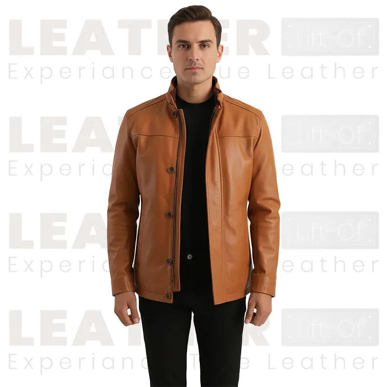 Blouson en cuir marron fauve pour homme – Manteau en cuir classique à col montant pour tenue décontractée et habillée