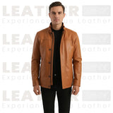Blouson en cuir marron fauve pour homme – Manteau en cuir classique à col montant pour tenue décontractée et habillée