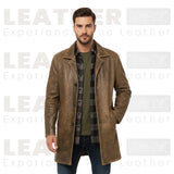 LP-FACON Trench-coat vintage mi-long en cuir véritable pour homme – Manteau de voiture classique 34"