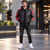 The Fall Guy Ryan Gosling Inspired Leather Jacket, Miami Vice Stunt Team Black Red Hooded Bomber for Men