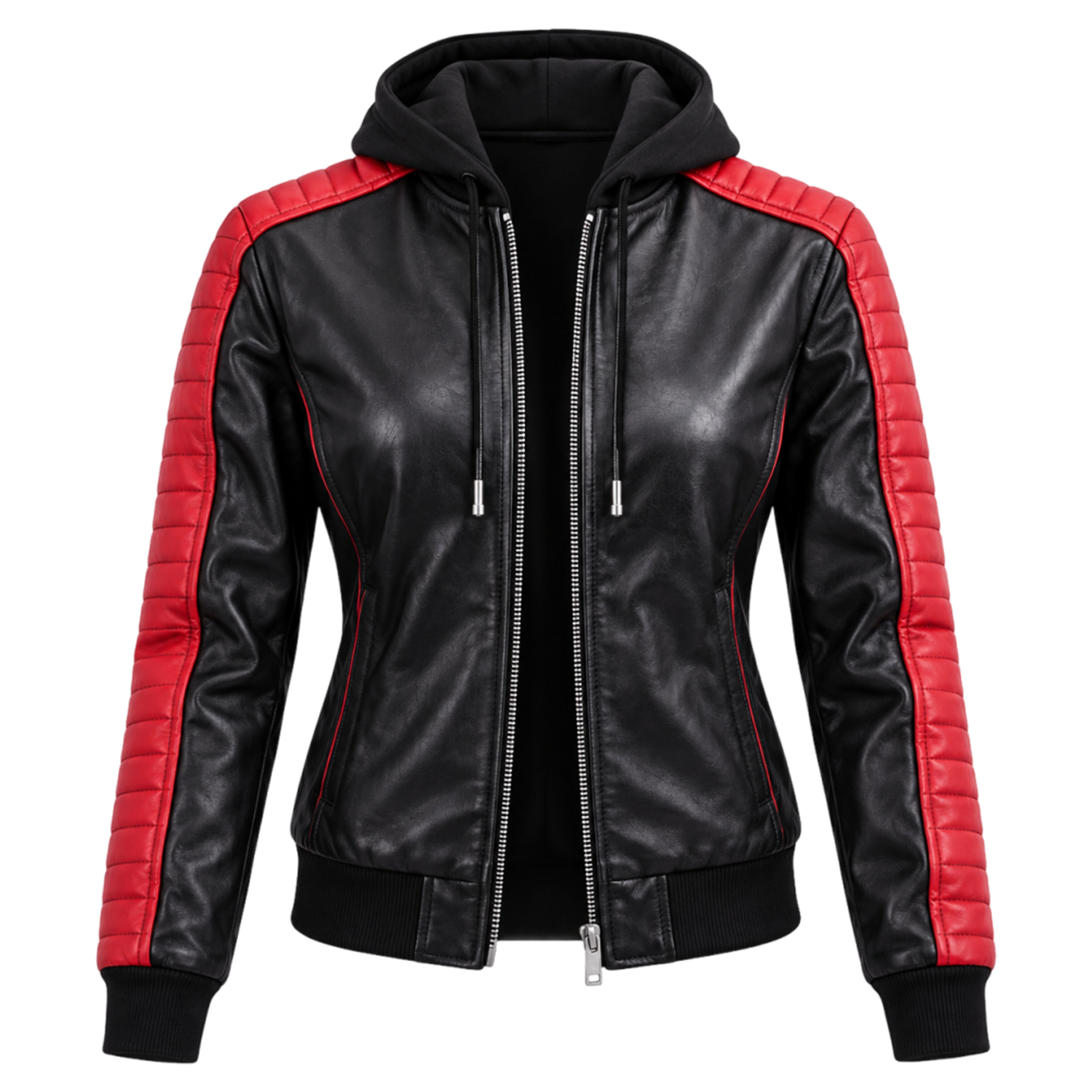 Women's The Fall Guy Inspired Jacket – Ryan Gosling Colt Seavers Black and Red Hooded Bomber with Quilted Panels and Stunt Team Back Graphic