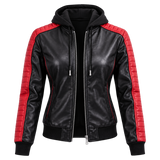 Women's The Fall Guy Inspired Jacket – Ryan Gosling Colt Seavers Black and Red Hooded Bomber with Quilted Panels and Stunt Team Back Graphic