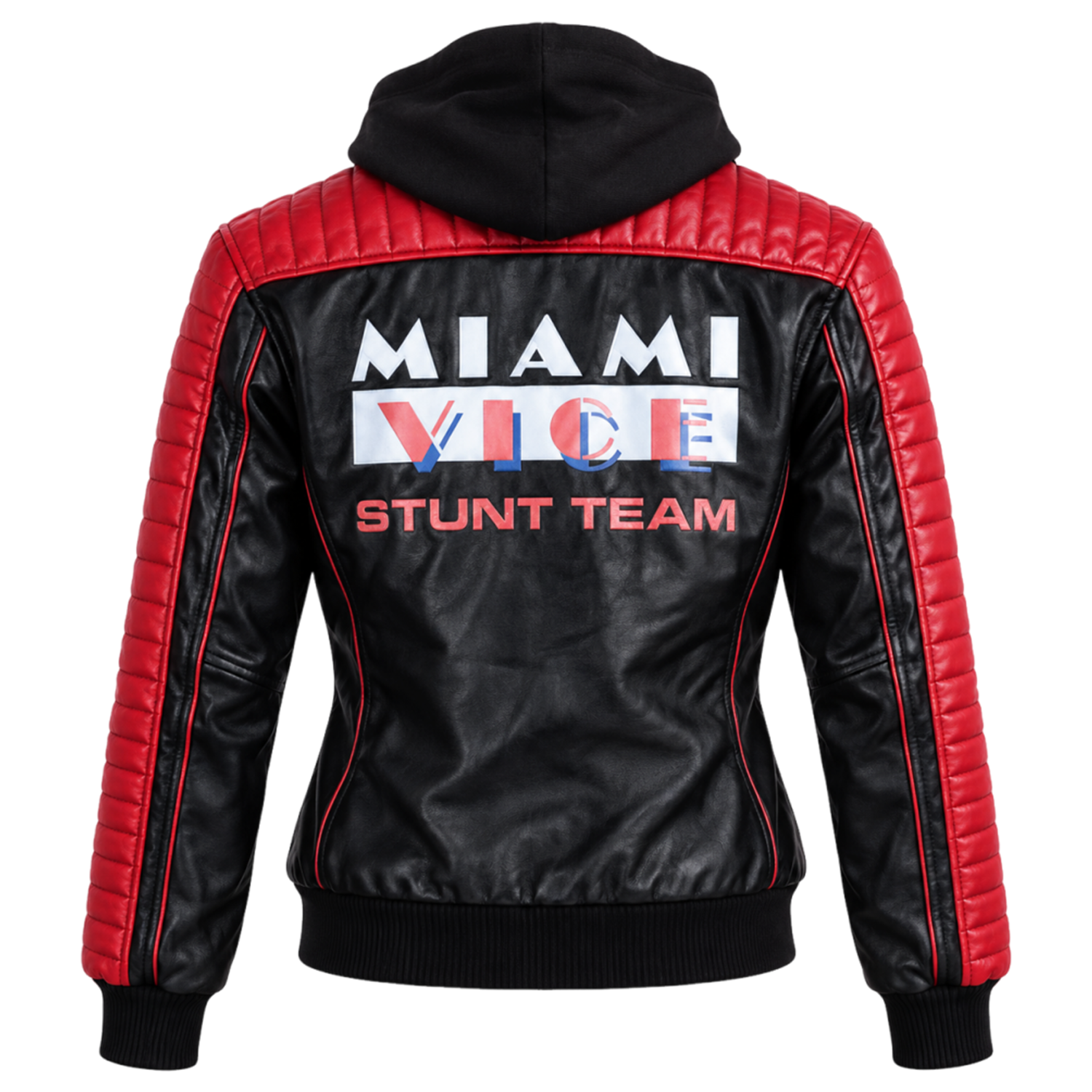Women's The Fall Guy Inspired Jacket – Ryan Gosling Colt Seavers Black and Red Hooded Bomber with Quilted Panels and Stunt Team Back Graphic