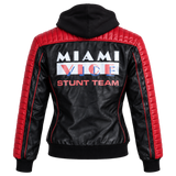 Women's The Fall Guy Inspired Jacket – Ryan Gosling Colt Seavers Black and Red Hooded Bomber with Quilted Panels and Stunt Team Back Graphic