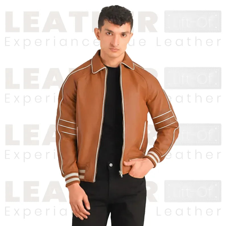 Blouson aviateur en cuir tanné pour homme – Blouson en cuir véritable style rétro universitaire