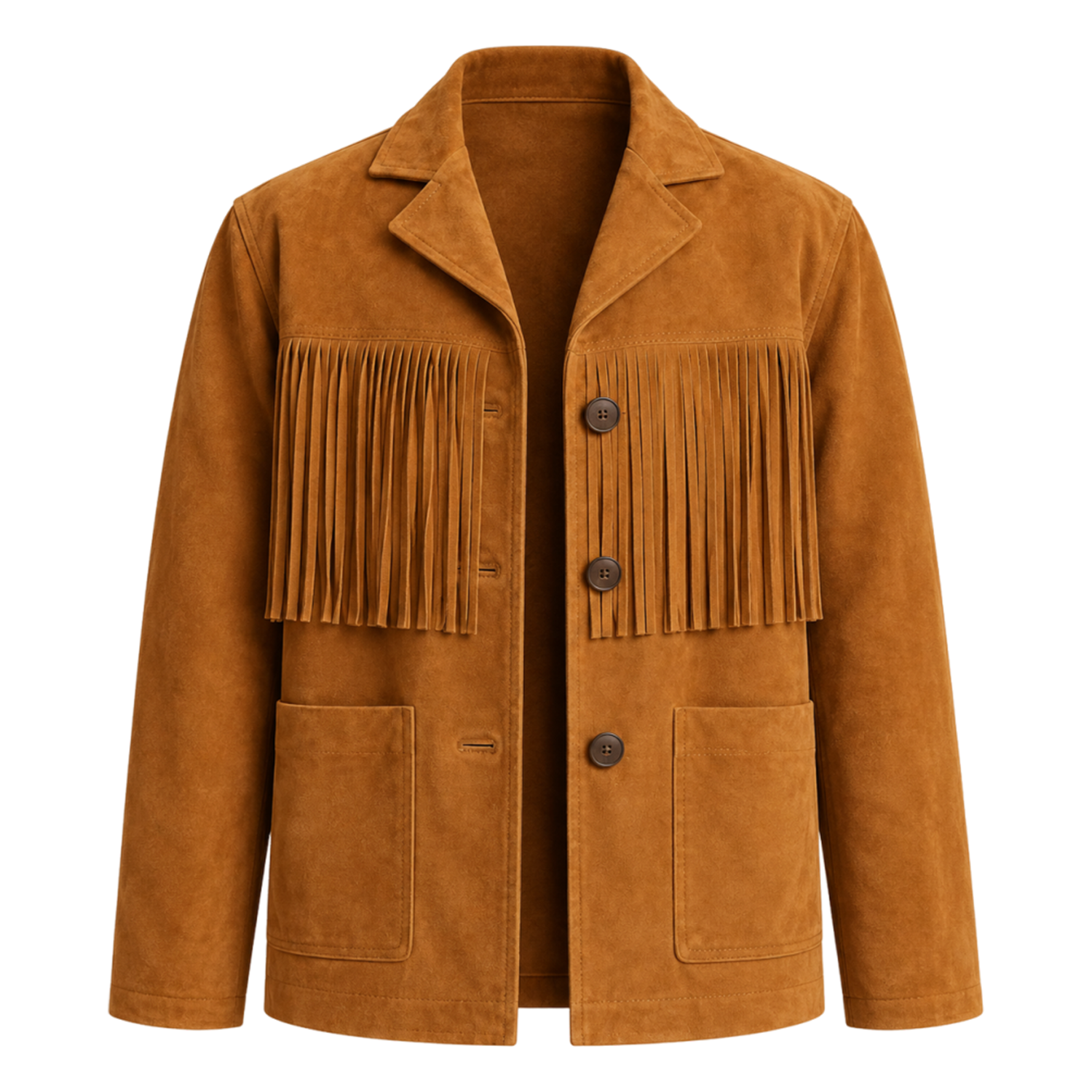 Mens Tan Suede Fringe Jacket, Western Boho Button Front Coat with Notched Collar and Patch Pockets