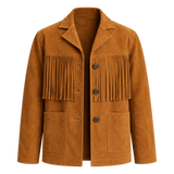 Mens Tan Suede Fringe Jacket, Western Boho Button Front Coat with Notched Collar and Patch Pockets