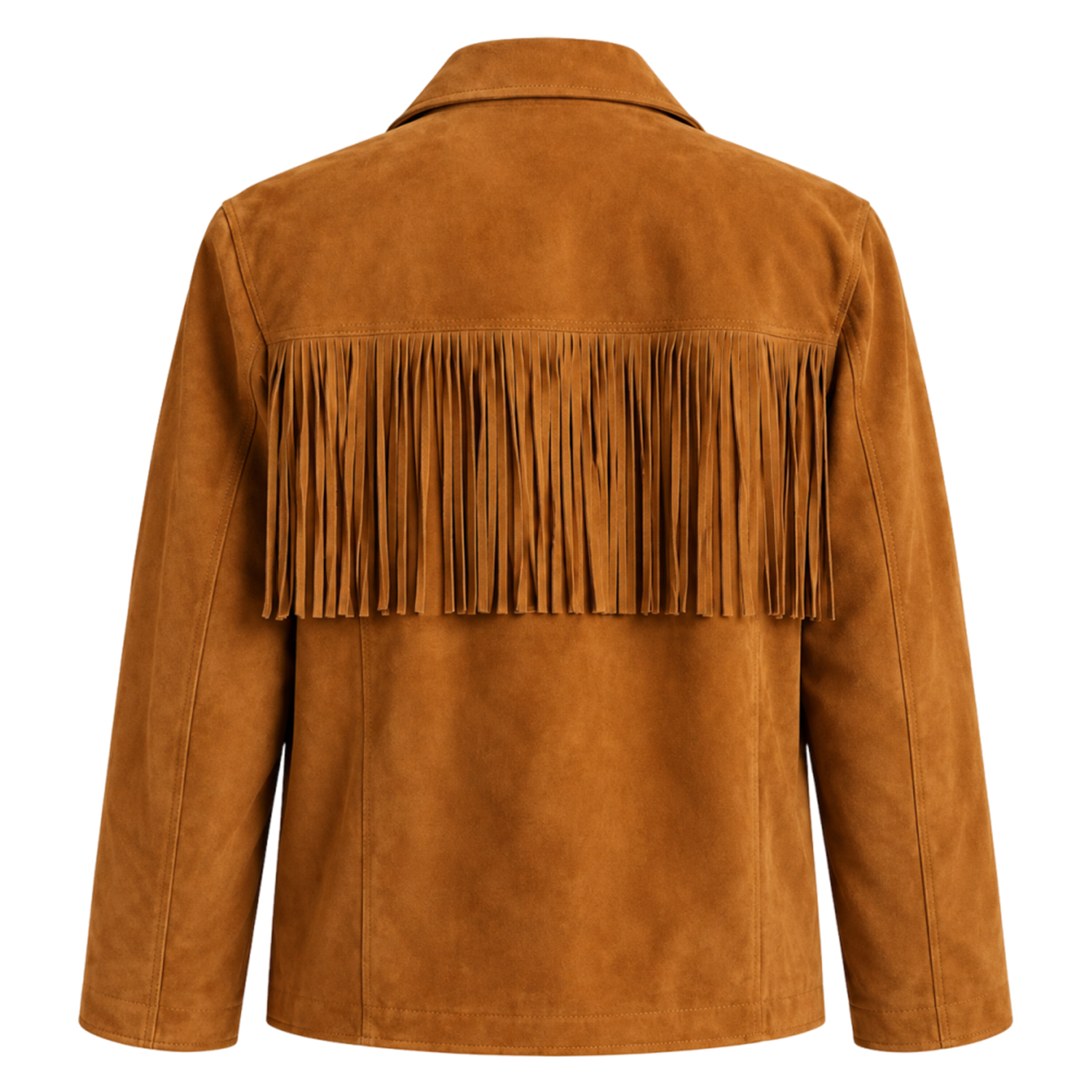 Mens Tan Suede Fringe Jacket, Western Boho Button Front Coat with Notched Collar and Patch Pockets