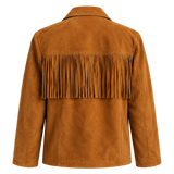 Mens Tan Suede Fringe Jacket, Western Boho Button Front Coat with Notched Collar and Patch Pockets