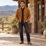 Mens Tan Suede Fringe Jacket, Western Boho Button Front Coat with Notched Collar and Patch Pockets