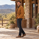 Mens Tan Suede Fringe Jacket, Western Boho Button Front Coat with Notched Collar and Patch Pockets