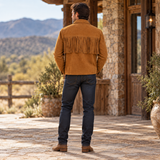 Mens Tan Suede Fringe Jacket, Western Boho Button Front Coat with Notched Collar and Patch Pockets