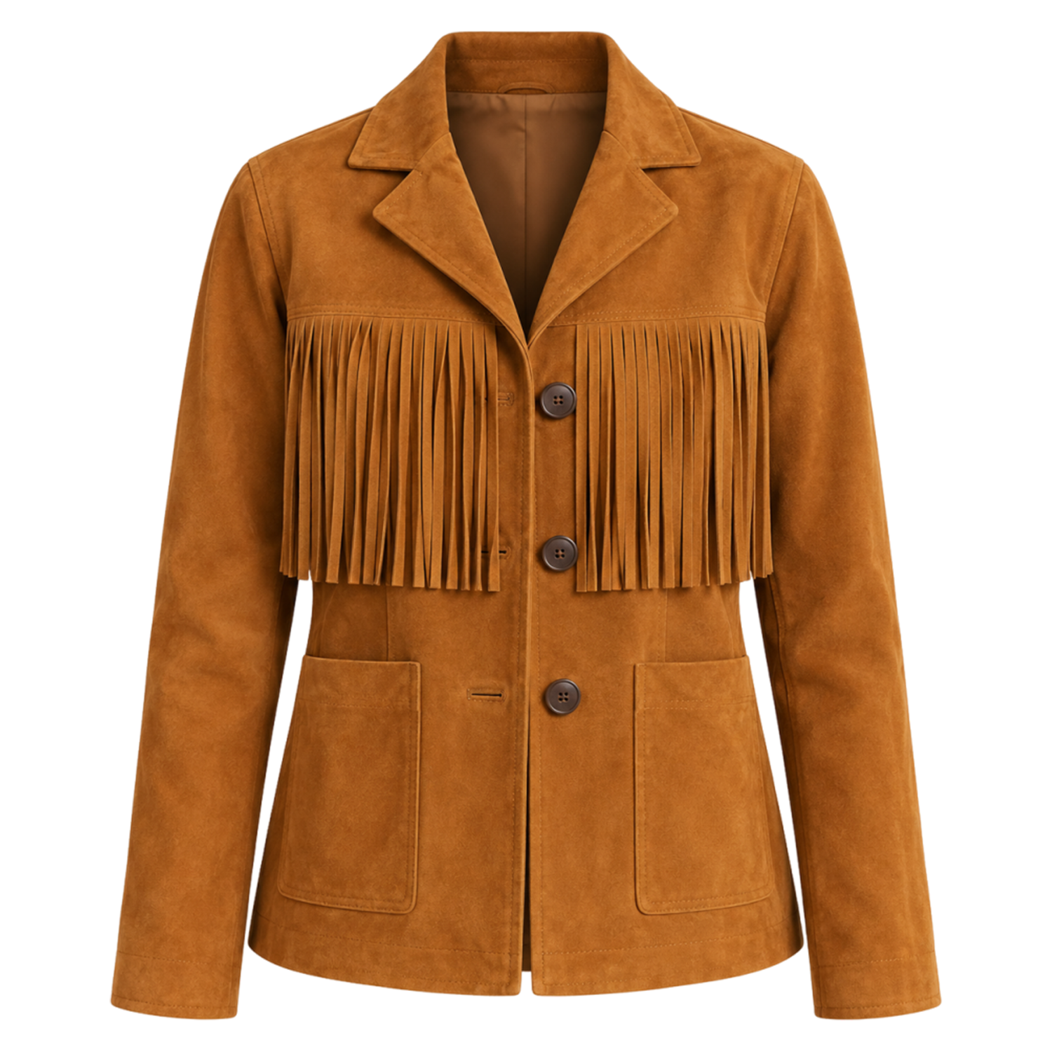 Womens Tan Suede Fringe Jacket, Western Boho Button Front Coat with Notched Collar and Patch Pockets