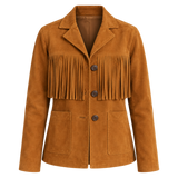 Womens Tan Suede Fringe Jacket, Western Boho Button Front Coat with Notched Collar and Patch Pockets