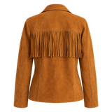 Womens Tan Suede Fringe Jacket, Western Boho Button Front Coat with Notched Collar and Patch Pockets