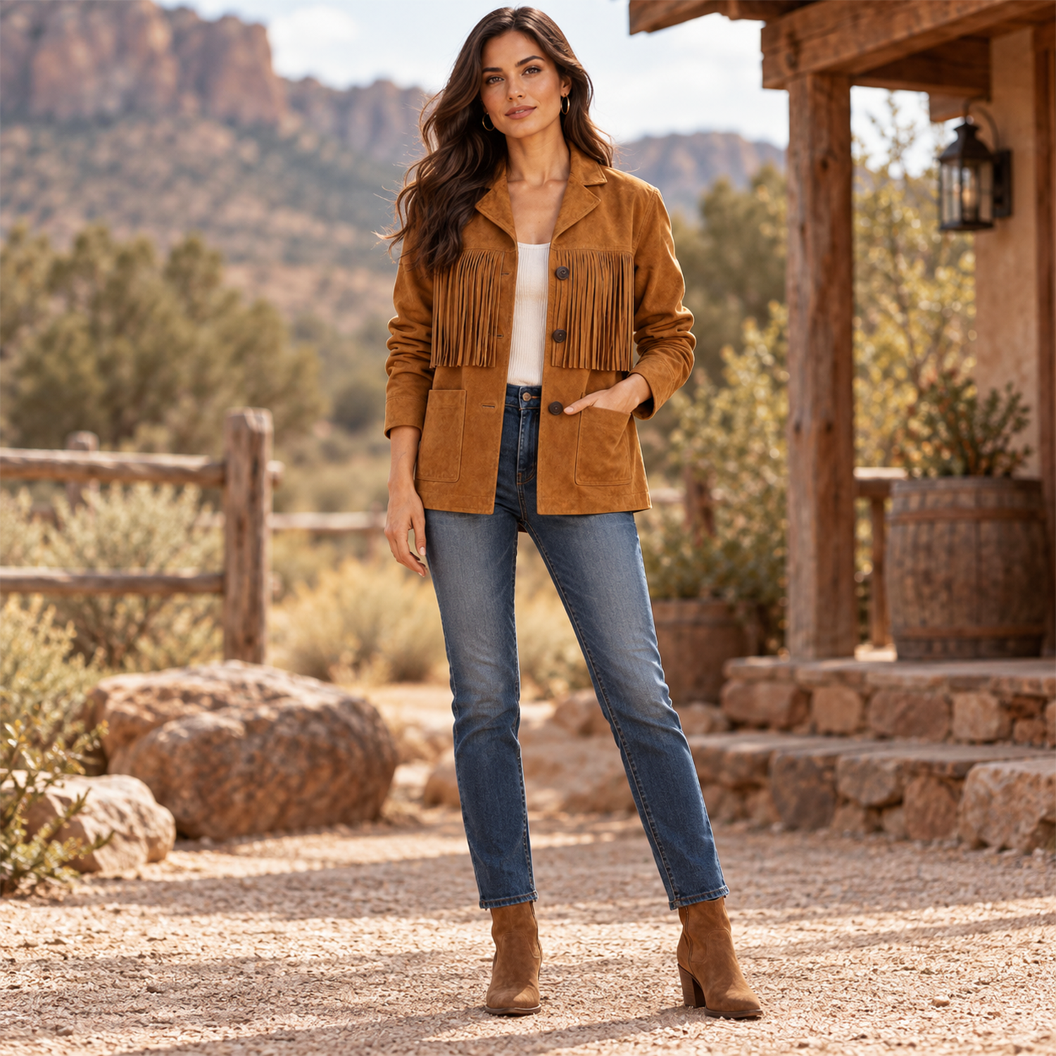 Womens Tan Suede Fringe Jacket, Western Boho Button Front Coat with Notched Collar and Patch Pockets