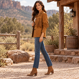 Womens Tan Suede Fringe Jacket, Western Boho Button Front Coat with Notched Collar and Patch Pockets